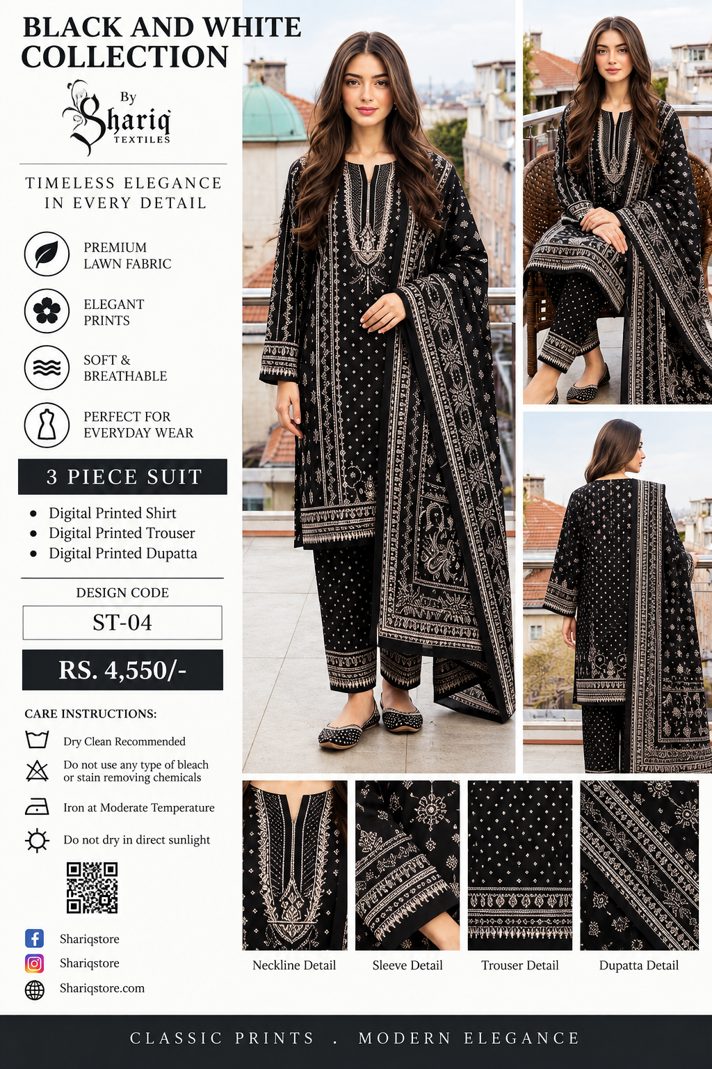 Shariq Textiles ST-04 Black & White Collection – Unstitched 3 Piece Lawn Suit