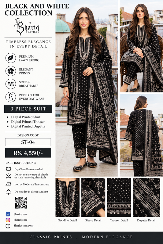 Shariq Textiles ST-04 Black & White Collection – Unstitched 3 Piece Lawn Suit