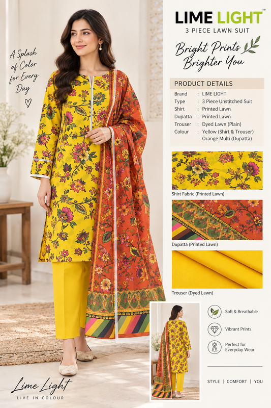 Lime Light 3 Piece Printed Lawn Suit – Yellow Floral