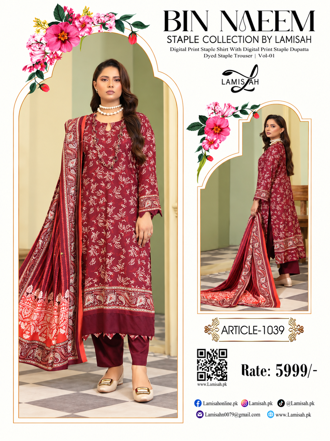 BIN NAEEM BY LAMISAH Premium Linen 3 Piece Digital Printed Unstitched Suit – Article 1039