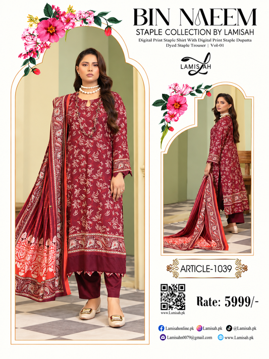 BIN NAEEM BY LAMISAH Premium Linen 3 Piece Digital Printed Unstitched Suit – Article 1039