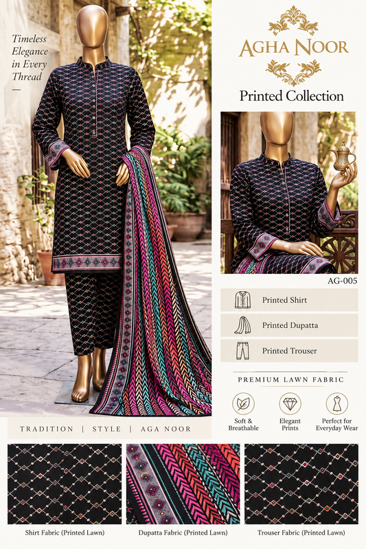 Agha Noor 3 Piece Printed Lawn Suit – Black Multicolor | AG-005
