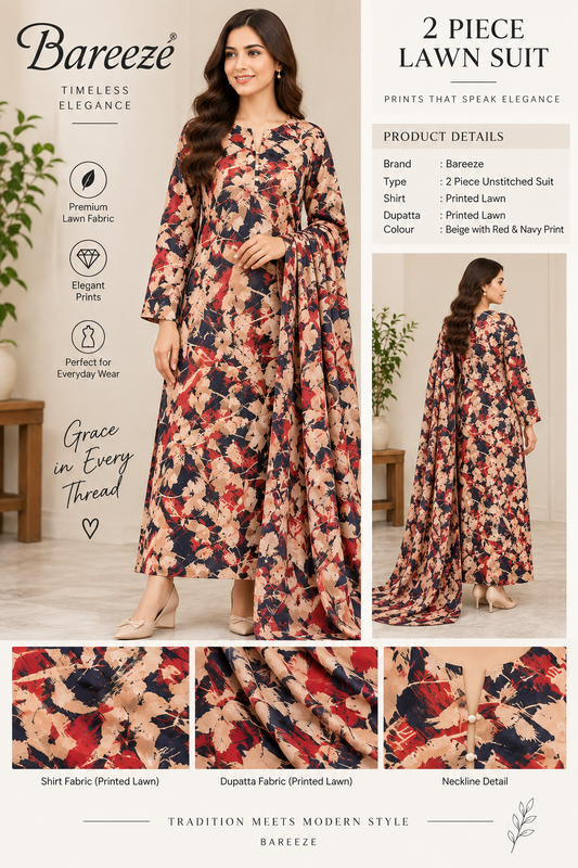 Bareeze 2 Piece Printed Lawn Unstitched Suit – Brown Mult icolour Geometric Print