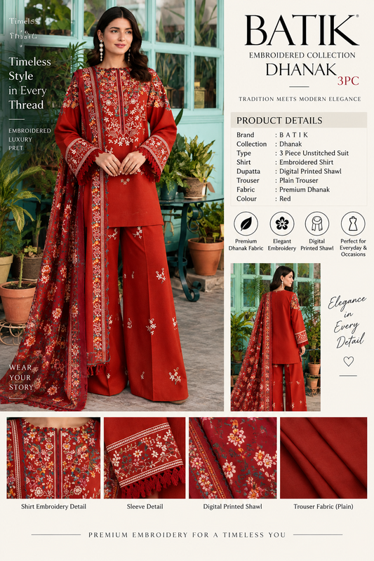 BATIK Premium Embroidered Dhanak 3 Piece Winter Suit with Digital Printed Shawl – Luxury Collection