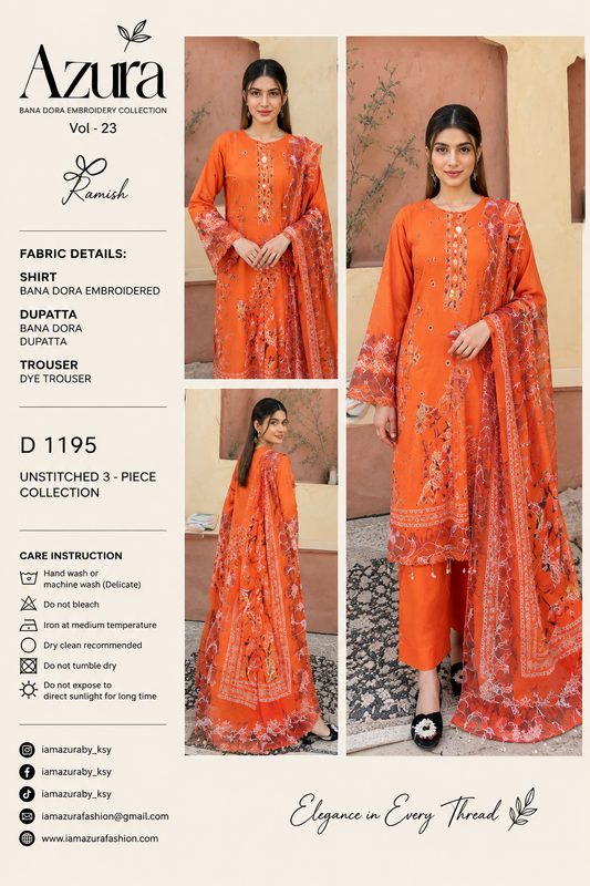 Azura D1195 –  Embroidered Unstitched 3 Piece Lawn Suit