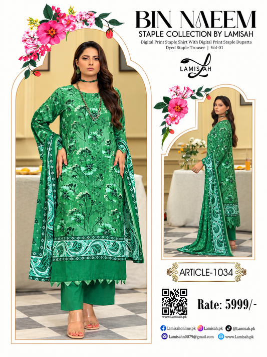 BIN NAEEM BY LAMISAH Premium Linen 3 Piece Digital Printed Unstitched Suit – Emerald Green | Article 1034