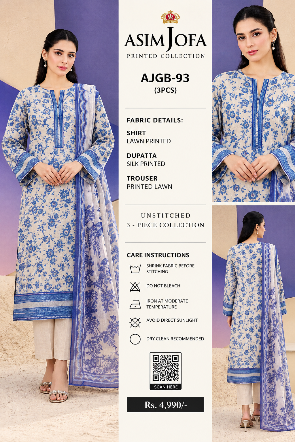 Asim Jofa AJGB-93 – Unstitched 3 Piece Printed Lawn Suit
