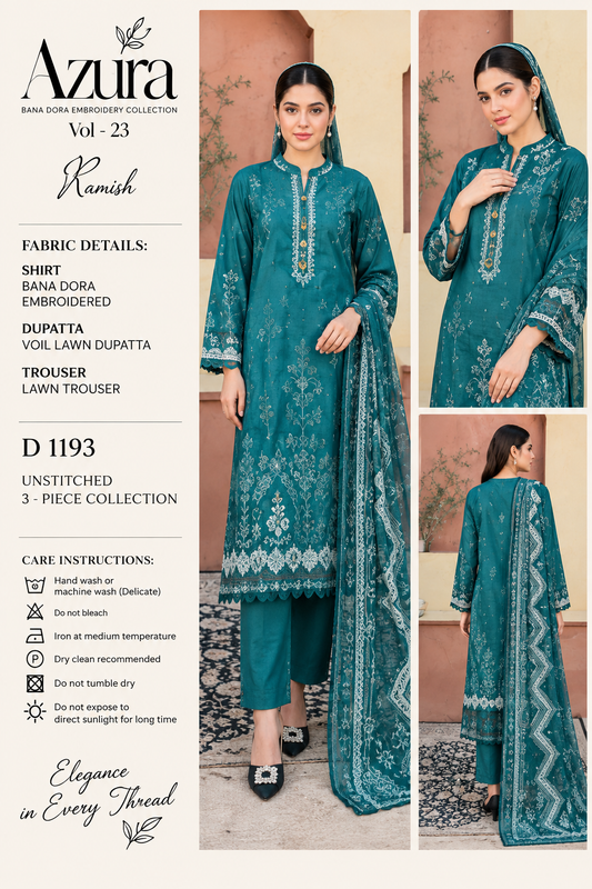 Azura D1193 – Embroidered Unstitched 3 Piece Lawn Suit