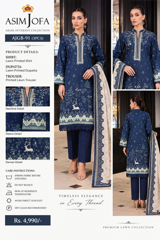 Asim Jofa AJGB-91 – Unstitched 3 Piece Printed Lawn Suit